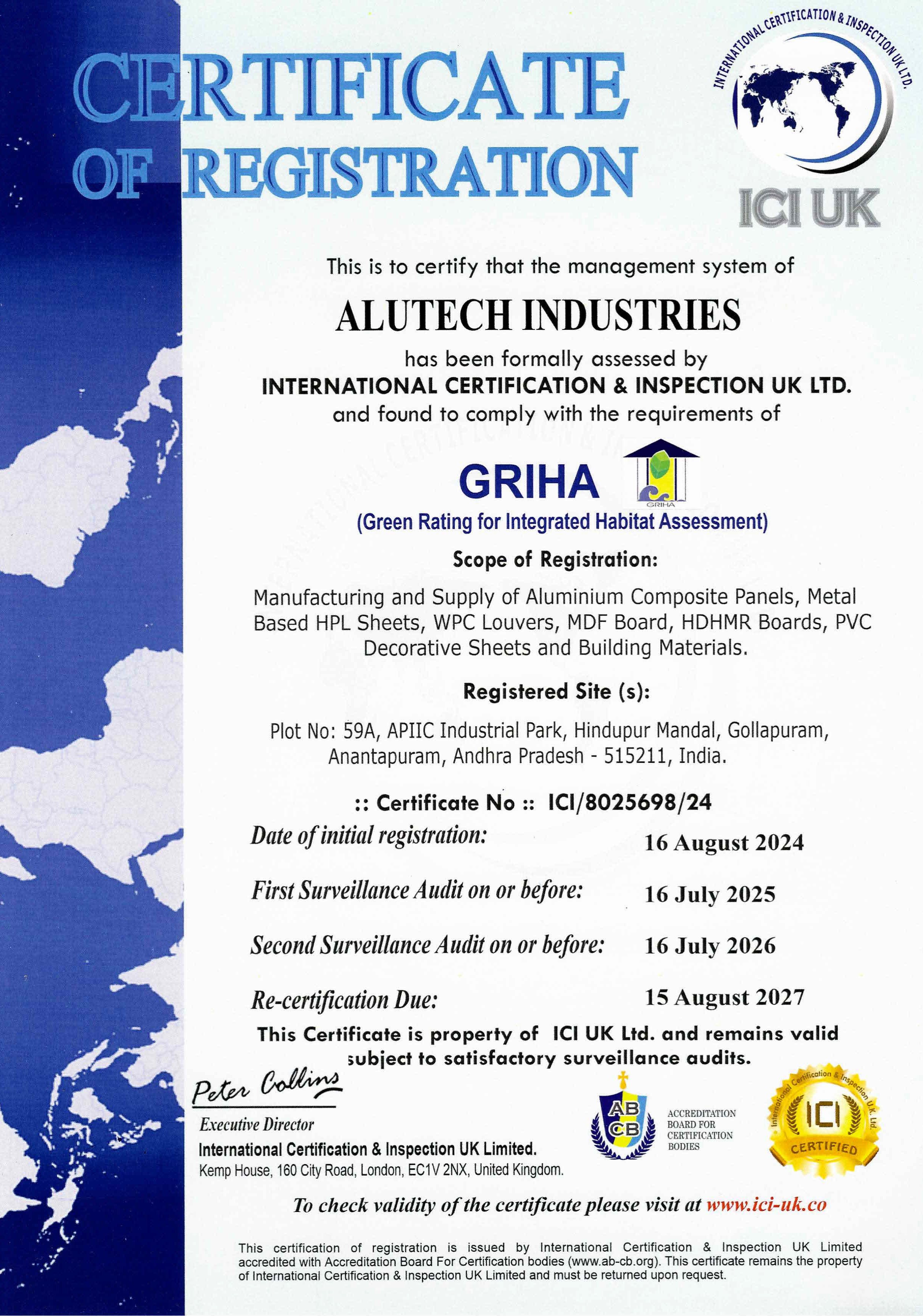 ICI GRIHA Certificate of Registration Alutech Industries