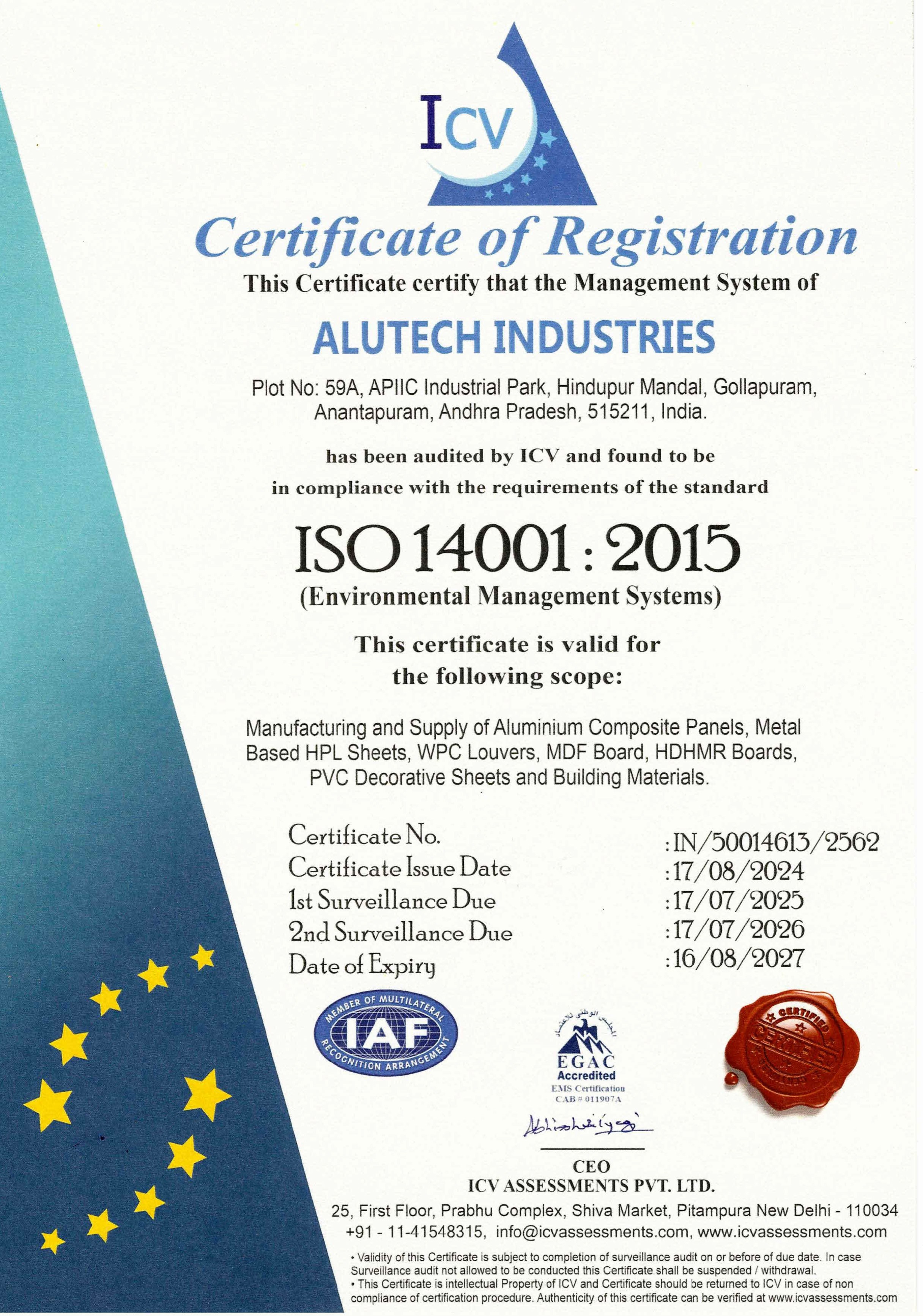 ISO14001-2015 Alutech Industries Certificate